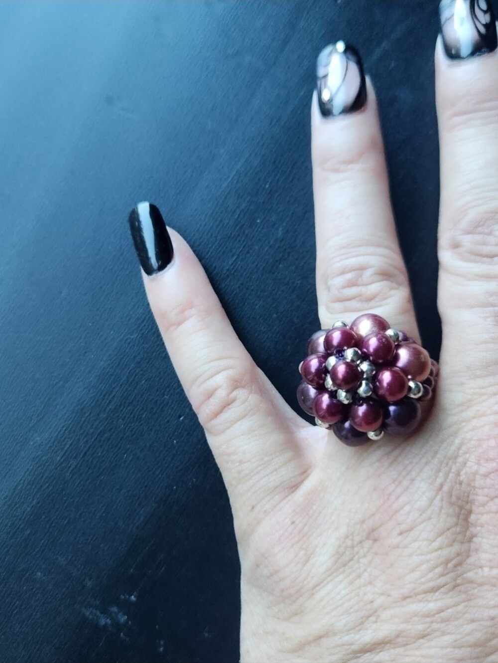 Vintage Elegant Deep purple And Silver Pearl Cluster Ring Sz 6